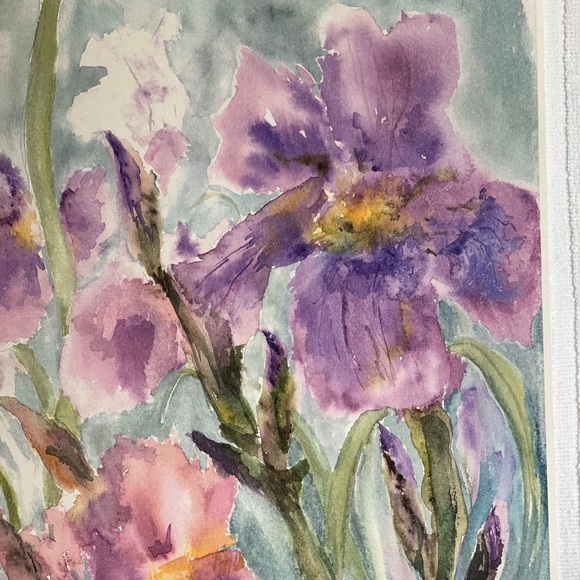 PRINT OF AN ORIGINAL WATERCOLOR IRIS FLORAL LIGHT PAPER LIMITED EDITION SIGNED - Picture 2 of 5